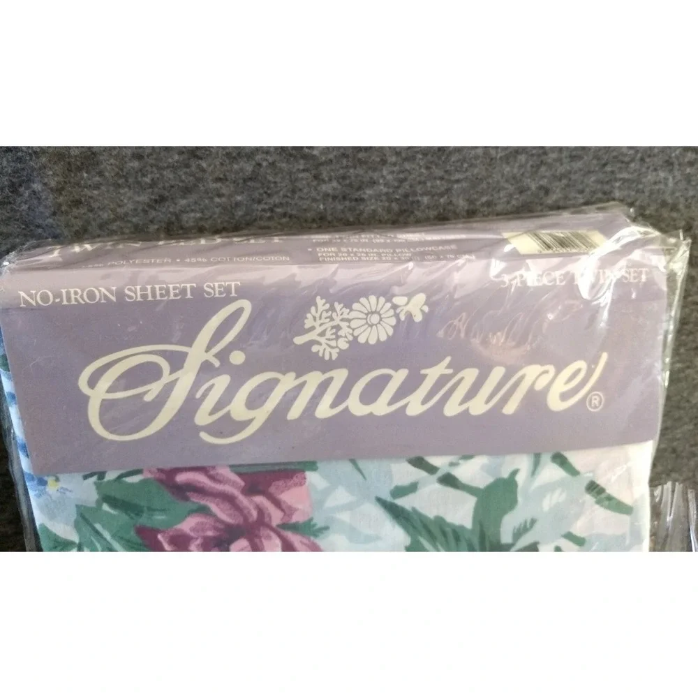 Signature Twin Sheet Set 3Pc Hydrangea‎ Floral Blue Purple Green No Iron NEW NOS